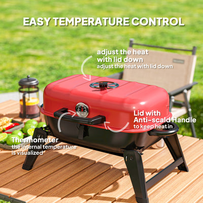 Outsunny Charcoal Barbecue Grill Folding BBQ Grill with 1232 cm² Cooking Area, Adjustable Vent, Thermometer, Handles for Camping Picnic, Red 