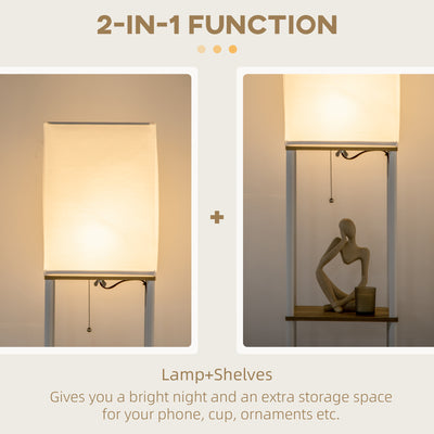 HOMCOM Modern Floor Lamp with Shelves, 3 Layer Shelf Tall Standing Lamp with Fabric Lampshade, Pull Chain Switch for Living Room, Bedroom, Bulb not Included, White 