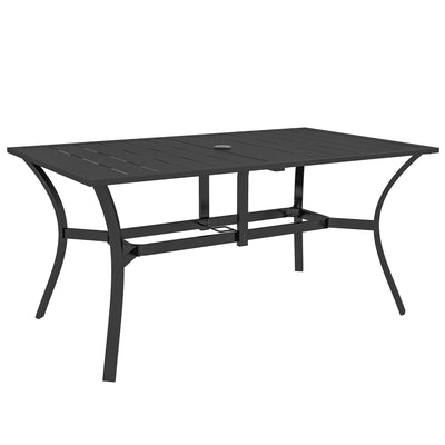 Outsunny Rectangle Garden Dining Table with Parasol Hole, Patio Table with Steel Frame and Slat Tabletop, 150cm x 90cm, Black 