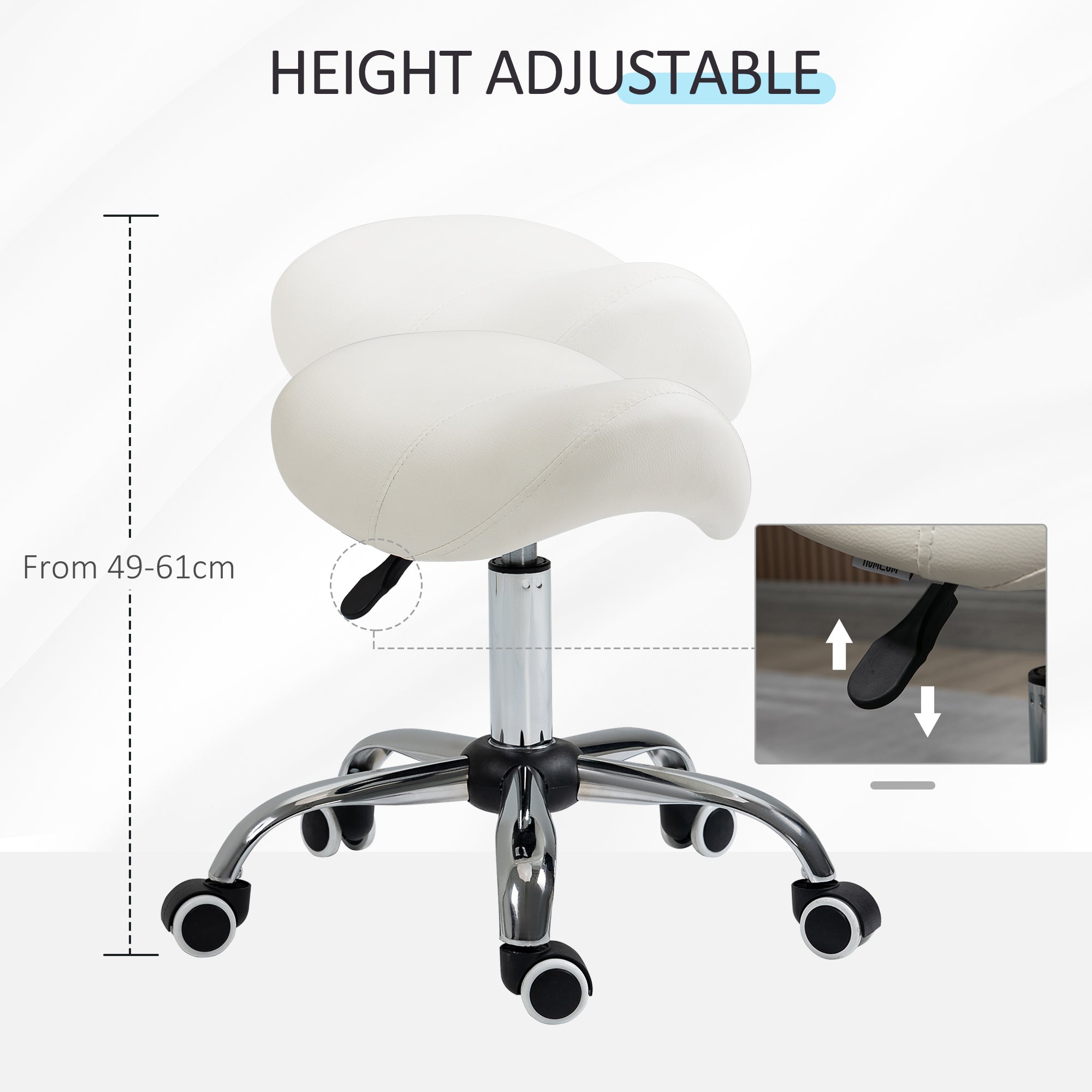 HOMCOM Cosmetic Stool 360\'c2\'b0 Rotate Height Adjustable Salon Massage Spa Chair Hydraulic Rolling Faux Leather Saddle Stool, Cream