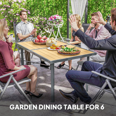 Outsunny Garden Table for 6, Outdoor Dining Table with 5cm Umbrella Hole, Wood Effect Top, Rust Resistant Frame, for Patio, Balcony, Terrace, 150 x 90 cm 