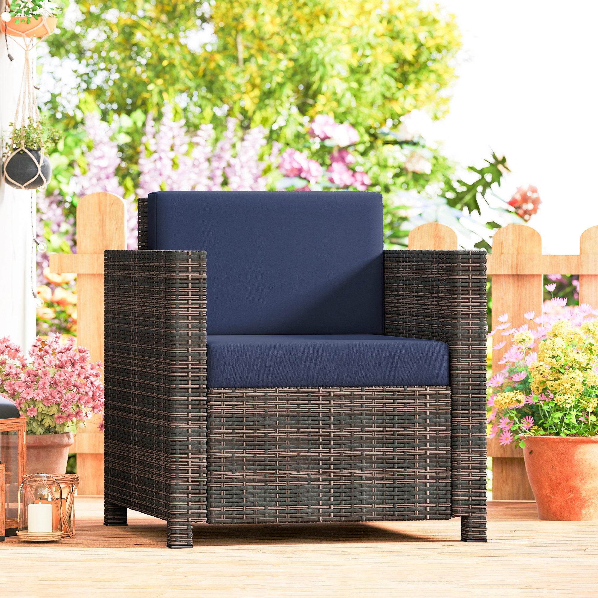 Outsunny PE Rattan Garden Armchair with Cushion - Mixed Brown/Navy Blue 