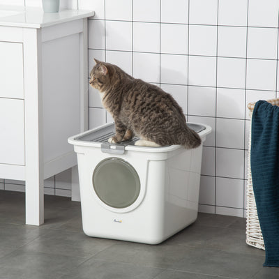 PawHut Cat Litter Box, Pet Toilet, Enclosed Kitten Pan with Front Entrance Top Exit, High Side, Scoop, White 