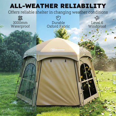 Outsunny Pop Up Tent 3000mm Waterproof Instant Camping Tent 3-4 Person with 2 Doors 4 Windows Khaki 