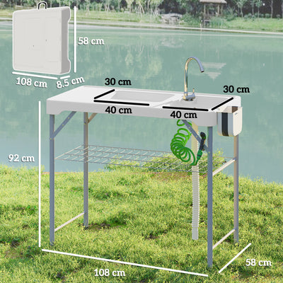 Outsunny Folding Fish Cleaning Table with Sinks, Portable Camping Sink Table with Faucet, Drainage Hose 