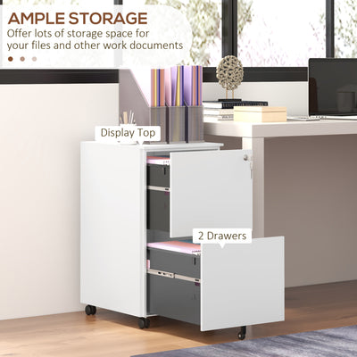 Vinsetto 2-Drawer Vertical Filing Cabinet with Lock and 5 Wheels, Steel Mobile File Cabinet, for A4, Legal and Letter Size, Pre-Assembled Body, White 