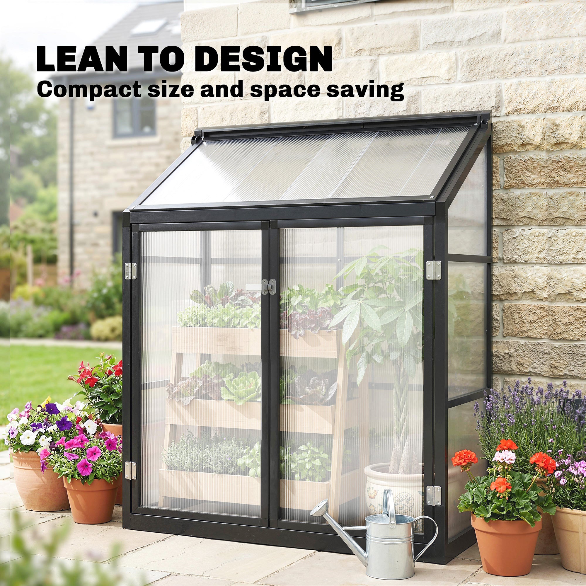 Outsunny Polycarbonate Greenhouse with Hinged Door, Top Vent, Lean-to Green House, Walk-in Greenhouse, 4 x 2ft, Black 