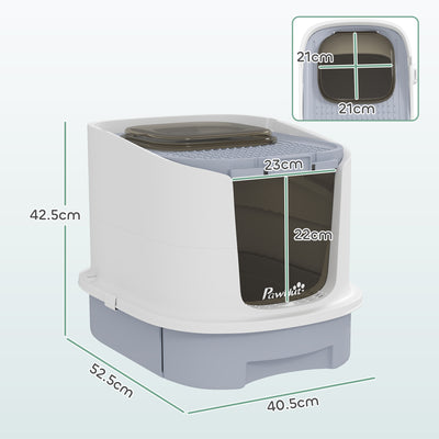 PawHut Cat Litter Box with Lid, Scoop, Deodorization Bags, Top Entry, Cat Toilet Easy Clean with Drawer Pan, Grey 