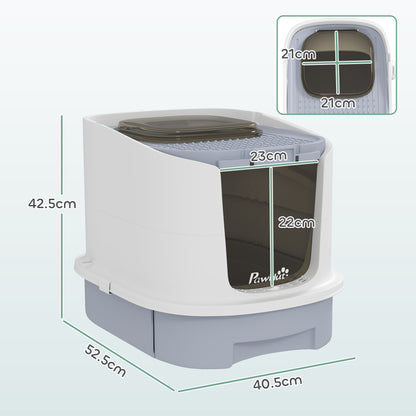 PawHut Cat Litter Box with Lid, Scoop, Deodorization Bags, Top Entry, Cat Toilet Easy Clean with Drawer Pan, Grey 