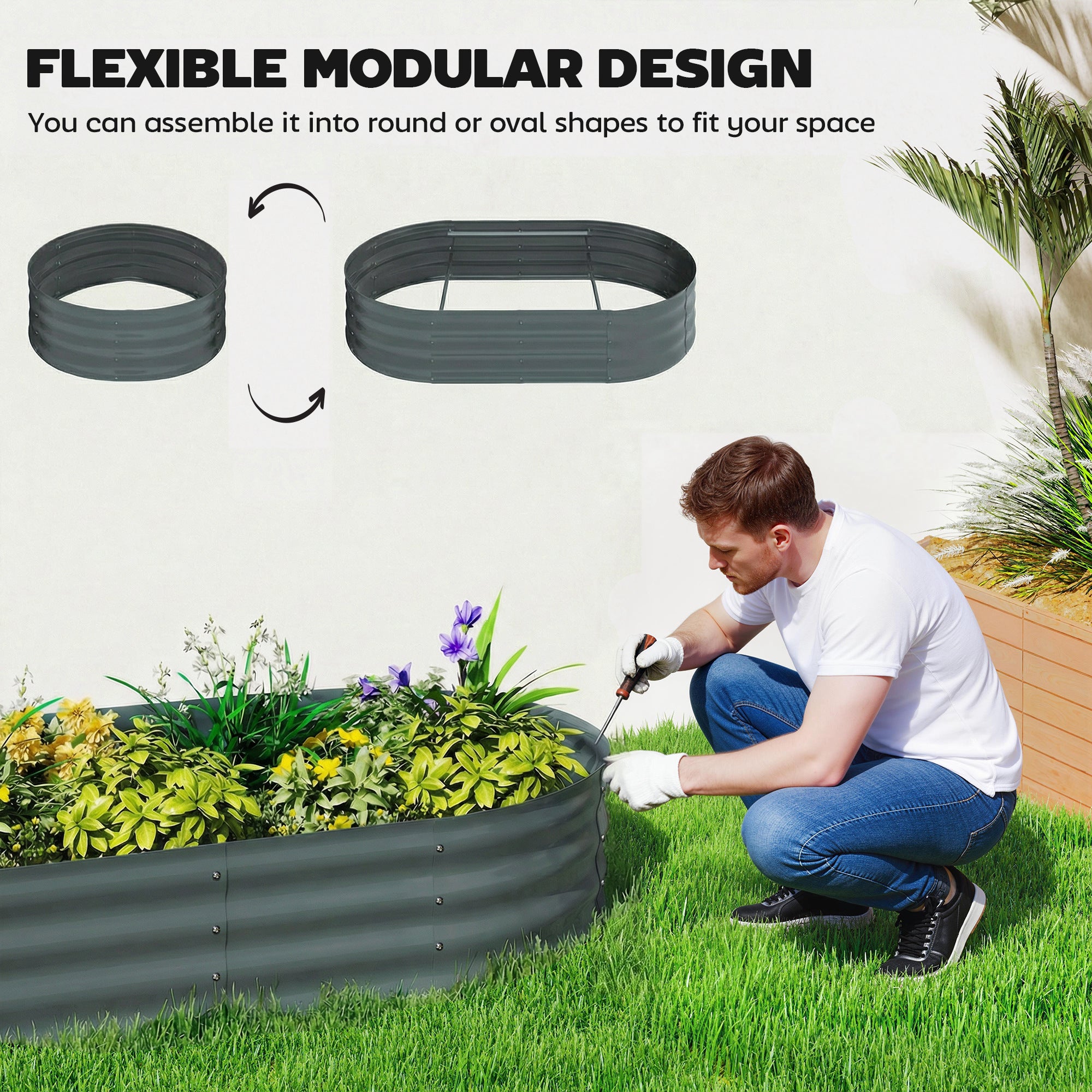 Outsunny Galvanised Raised Garden Bed with Arched Trellis, 4 x 2 x 4.6ft Metal Raised Bed for Garden with Open Bottom, Dark Grey 
