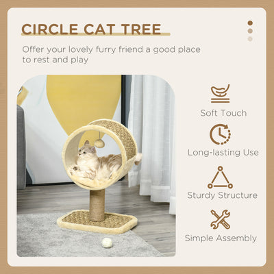 PawHut 56cm Cat Tree for Indoor Cats, with Scratching Post, Tunnel, Toy Ball - Beige 