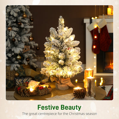 HOMCOM 60 cm Prelit Small Christmas Tree with 35 LED Lights, Snow Flocked Tabletop Mini Xmas Tree with 72 Dense Branches, Pine Cones, Berry Clusters and Linen Cover Base, Battery Operated, Green 