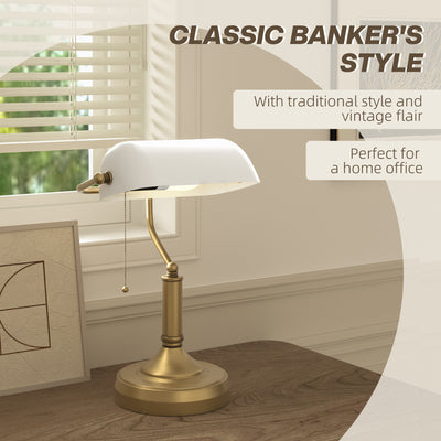 HOMCOM Banker's Desk Lamp with Antique Bronze Tone Base, Table Lamp with White Glass Shade for Home Office, White 
