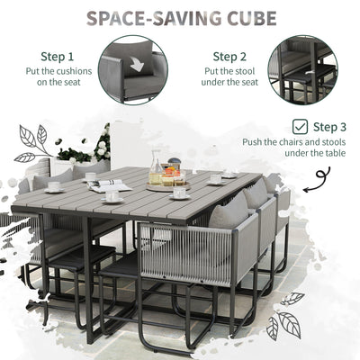 Outsunny 10 Seater Rattan Cube Garden Furniture Set, Rattan Dining Set with Cushions, Outdoor Dining Table and Chairs with 6 Armchairs, 4 Stools, Rectangular Wood Grain Plastic Top Table, Grey 