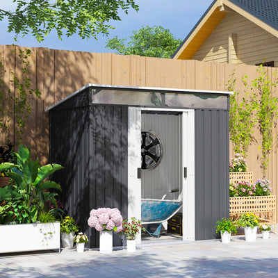 Outsunny 6.5 x 4FT Galvanised Metal Shed with Foundation Kit, Lockable Tool Garden Shed with Double Sliding Doors, Vents, Grey 