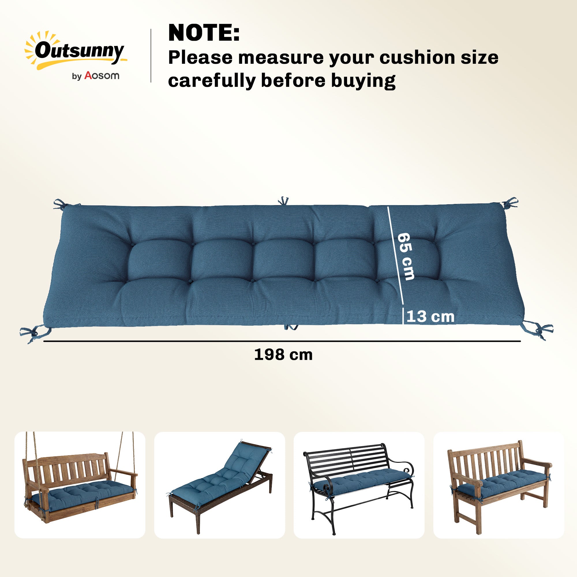 Outsunny Sun Lounger Cushion, Memory Foam Patio Chair Cushion with Ties, Outdoor Seat Pad Fits 190 x 60 cm Lounger, Blue 