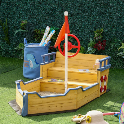 Outsunny Sand pit Kids Children Sandpit Wooden Pirate Ship Sandboat Outdoor Backyard Playset w/Bench Bottom Liner 