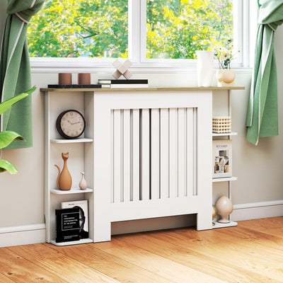 HOMCOM Radiator Cover with Open Storage Shelves, Vertical Slatted Cabinet Shelf Heater Cover for Living Room, Hallway, Medium, White 