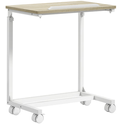 HOMCOM C-Shaped Sofa Side Table, Height Adjustable Overbed Table with Tilting Desktop, Mobile Laptop Desk for Living Room Bedroom, Oak and White 