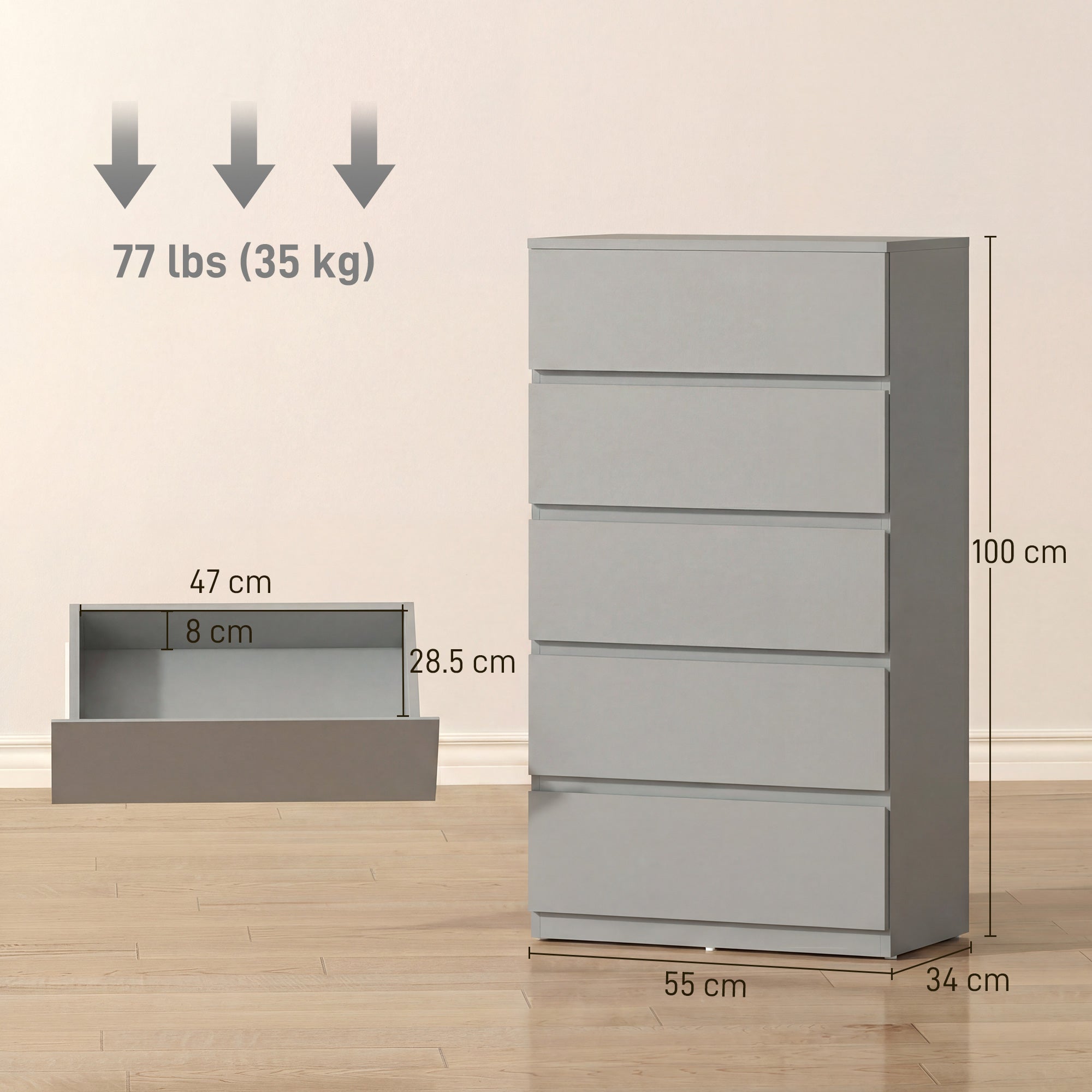 HOMCOM Chest of Drawers, 5-Drawer Storage Cabinets, Modern Dresser, Storage Drawer Unit for Bedroom 