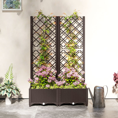 Outsunny Raised Garden Bed with Trellis, Plastic Planter Box with Drainage Holes and Drain Plugs for Climbing Plants, Vegetables, Flowers, Brown 