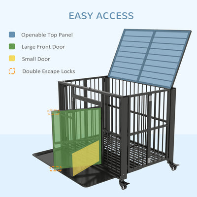 PawHut 43" Heavy Duty Dog Crate, Foldable Dog Cage, with Openable Top, Locks, Removable Tray, Wheels - Black 