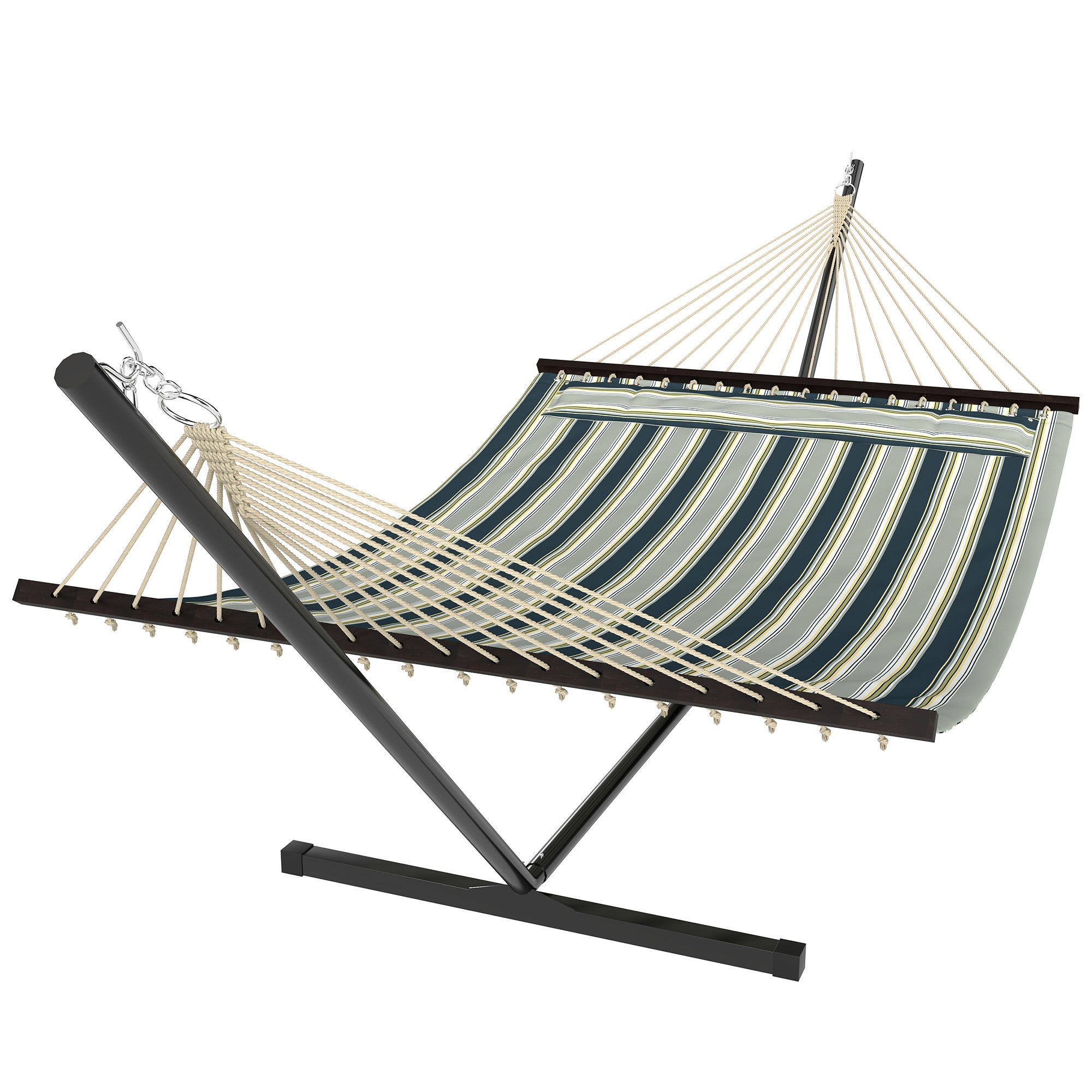 Outsunny Outdoor Hammock with Stand Detachable Pillow Striped Swing Steel Frame, for Garden, Patio, Green 