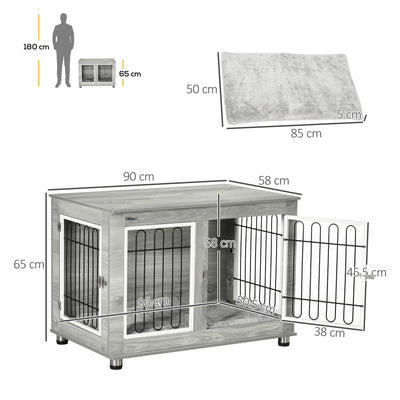 PawHut Dog Crate Furniture, Side End Table, Indoor Dog Kennel with Soft Washable Cushion, Wire Mesh, Large Top, for Medium and Large Dogs,90 x 58 x 65, Grey 