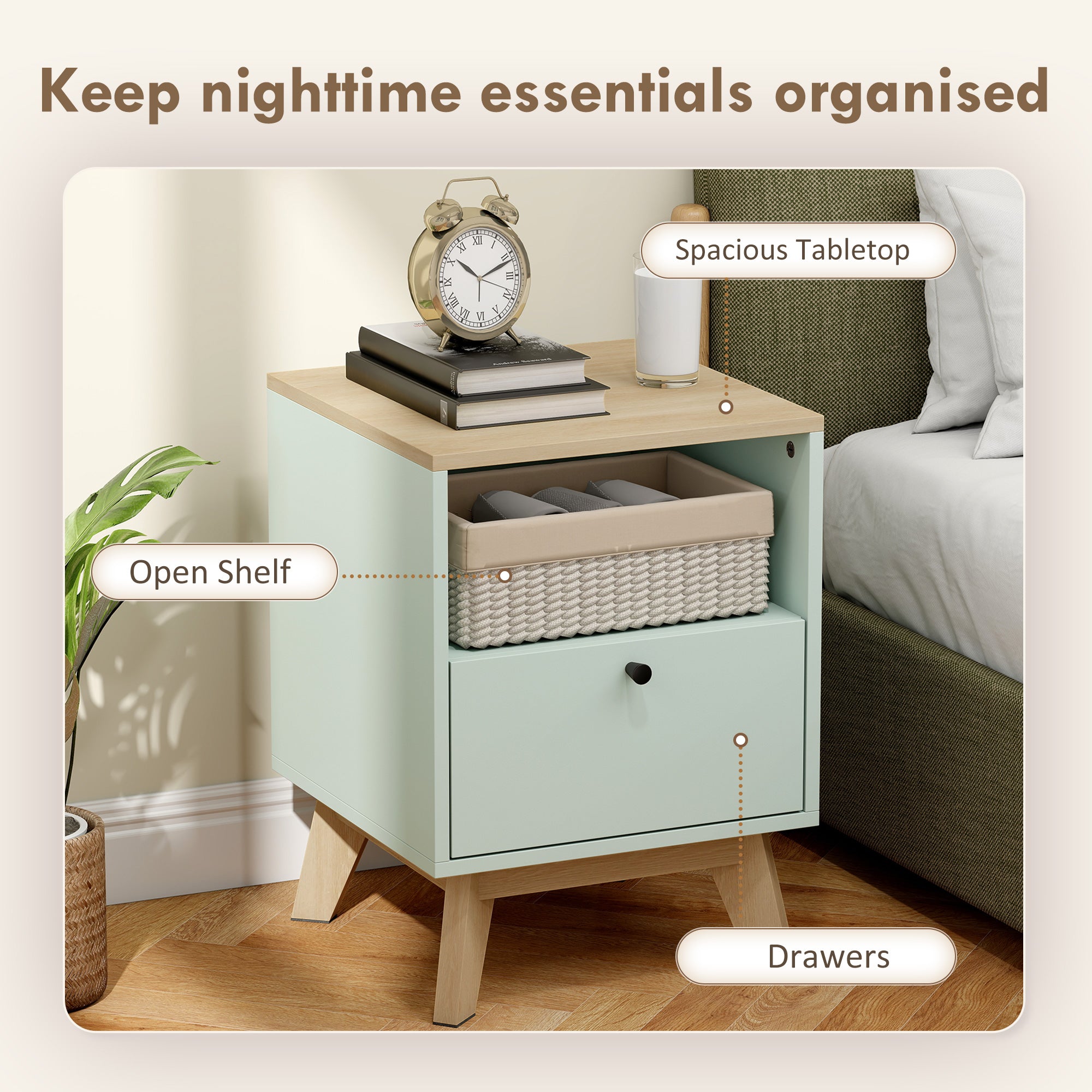 HOMCOM Modern Nightstand Set of 2, Bedside Table with Drawer and Open Shelf, Side End Table for Bedroom, Light Green 