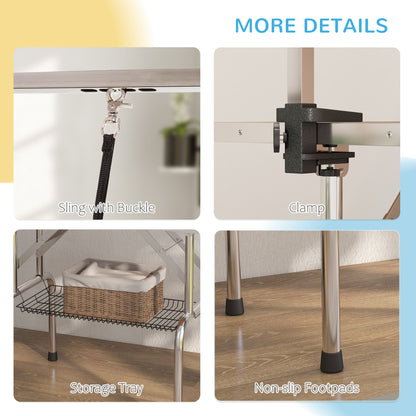 PawHut 42" Dog Grooming Table, Adjustable Pet Cat Drying Beauty Table with 2 Loops Storage Basket, Rubber Top, Blue 