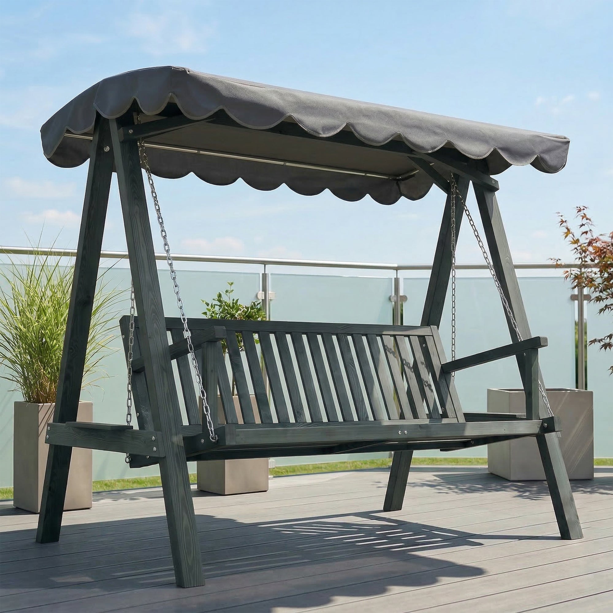 Outsunny 3 Seater Garden Swing Seat with Canopy, Wooden Swing Chair, Outdoor Hammock Bench for Balcony Patio Porch, Grey 