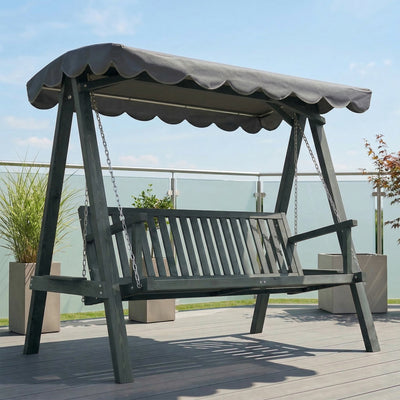 Outsunny 3 Seater Garden Swing Seat with Canopy, Wooden Swing Chair, Outdoor Hammock Bench for Balcony Patio Porch, Grey 