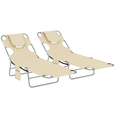 Outsunny 5-Position Adjustable Sun Loungers Set of 2 with Reading Hole and Side Pocket, Beige 