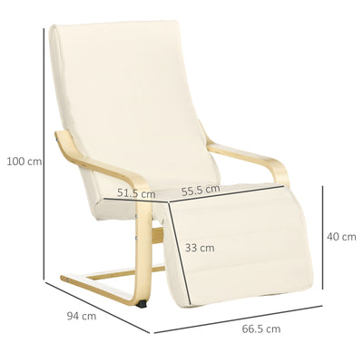 HOMCOM Wooden Lounging Chair Deck Relaxing Recliner Lounge Seat with Adjustable Footrest & Removable Cushion, Cream White 