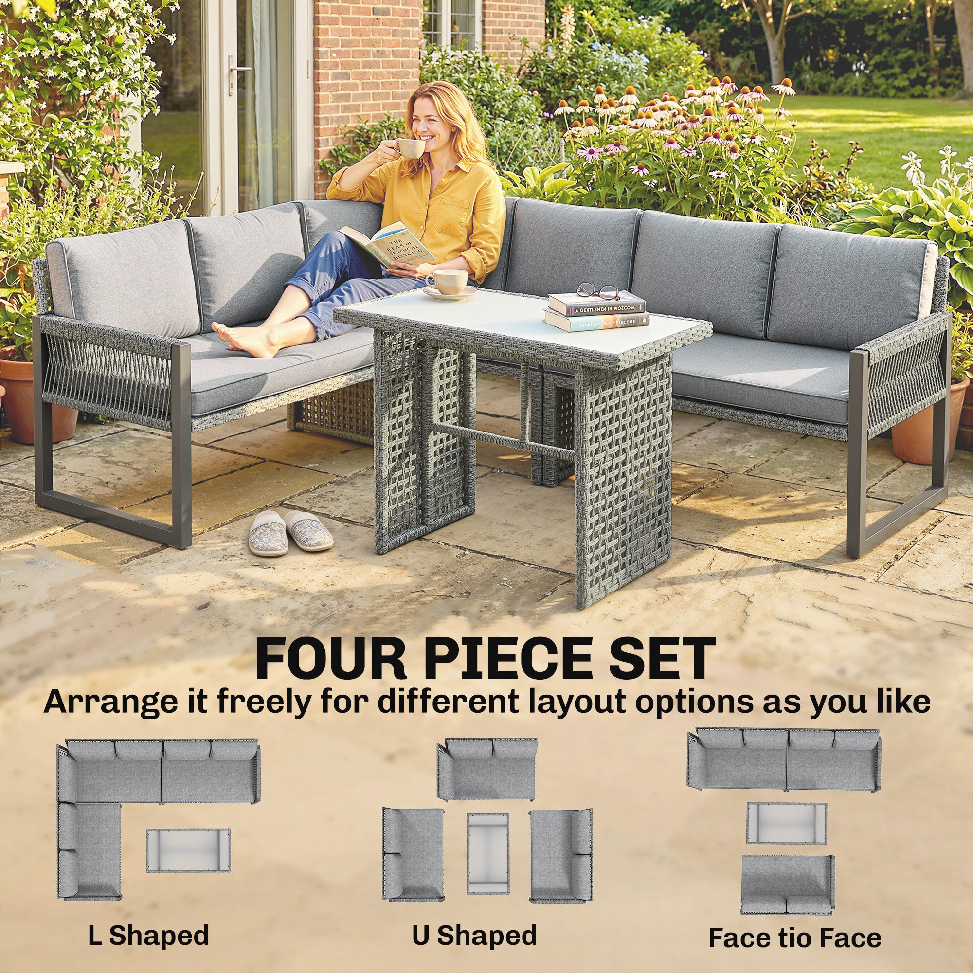 Outsunny 6 Seater Rattan Garden Furniture Set with 3 Loveseats, Table, Patio Rattan Furniture Corner Sofa Set, Grey 
