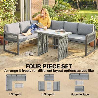 Outsunny 6 Seater Rattan Garden Furniture Set with 3 Loveseats, Table, Patio Rattan Furniture Corner Sofa Set, Grey 