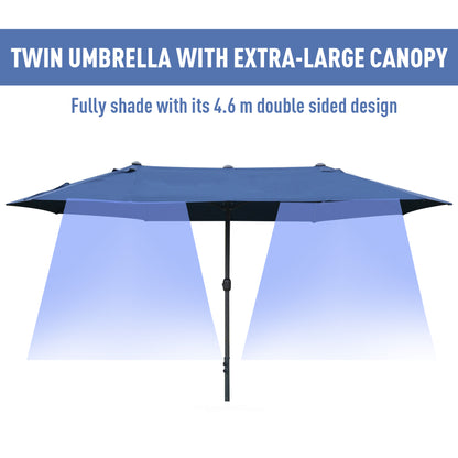 Outsunny 4.6M Sun Umbrella Canopy Double-sided Crank Sun Shade w/ Cross Base Dark Blue 