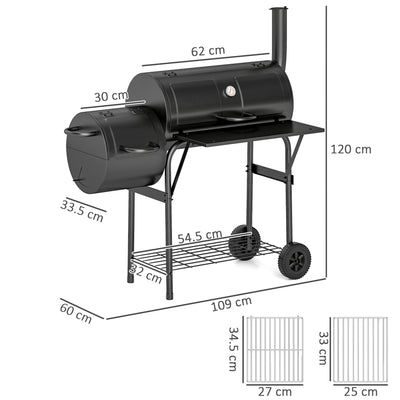 Outsunny Barbecue Grill Portable Outdoor Charcoal BBQ Grill with Offset Smoker 109 x 60 x 120 cm Black 