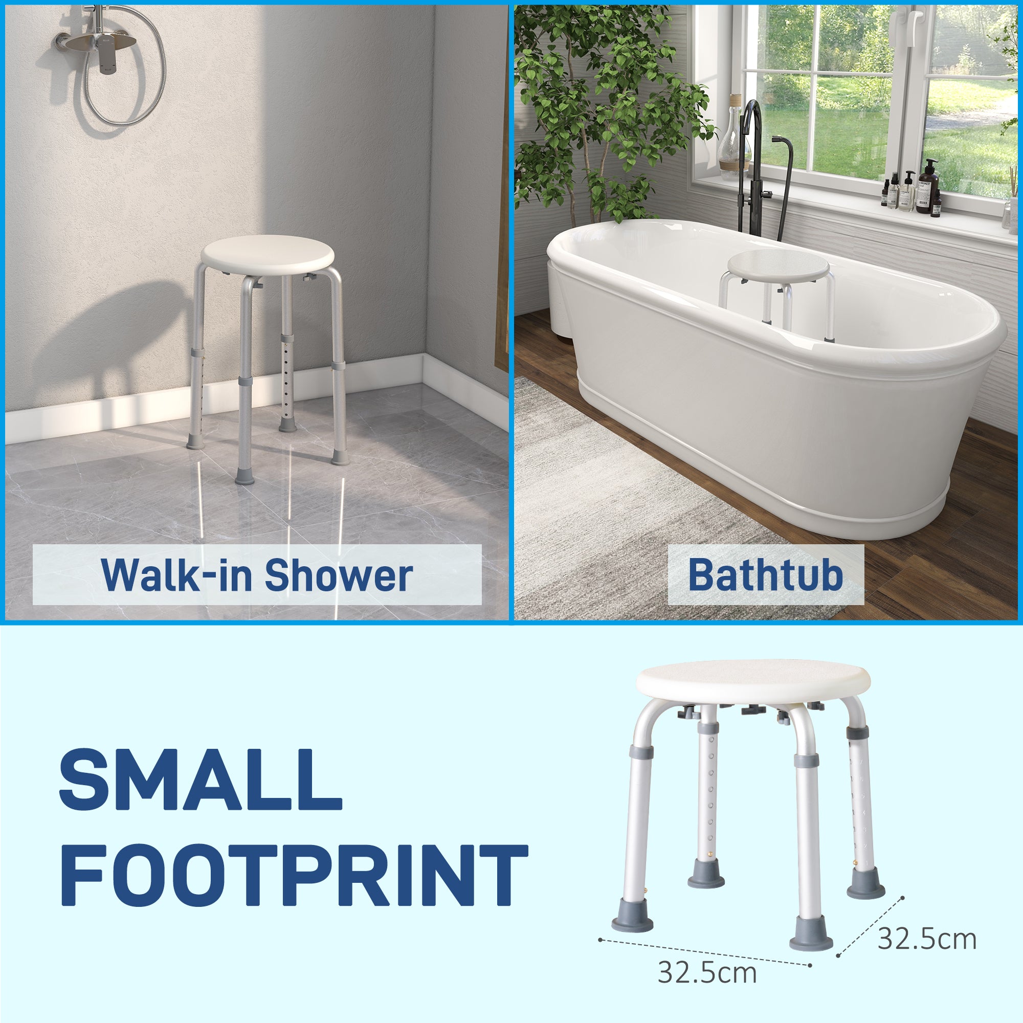 HOMCOM Shower Chair, Height Adjustable Aluminium Shower Stool with Non-Slip Feet for Disabled, Elderly, White 