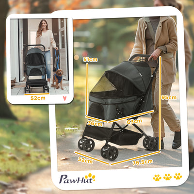 PawHut Pet Stroller Pushchair Foldable Travel Dog Cat Carriage w/ Reversible Handle Brake Basket 