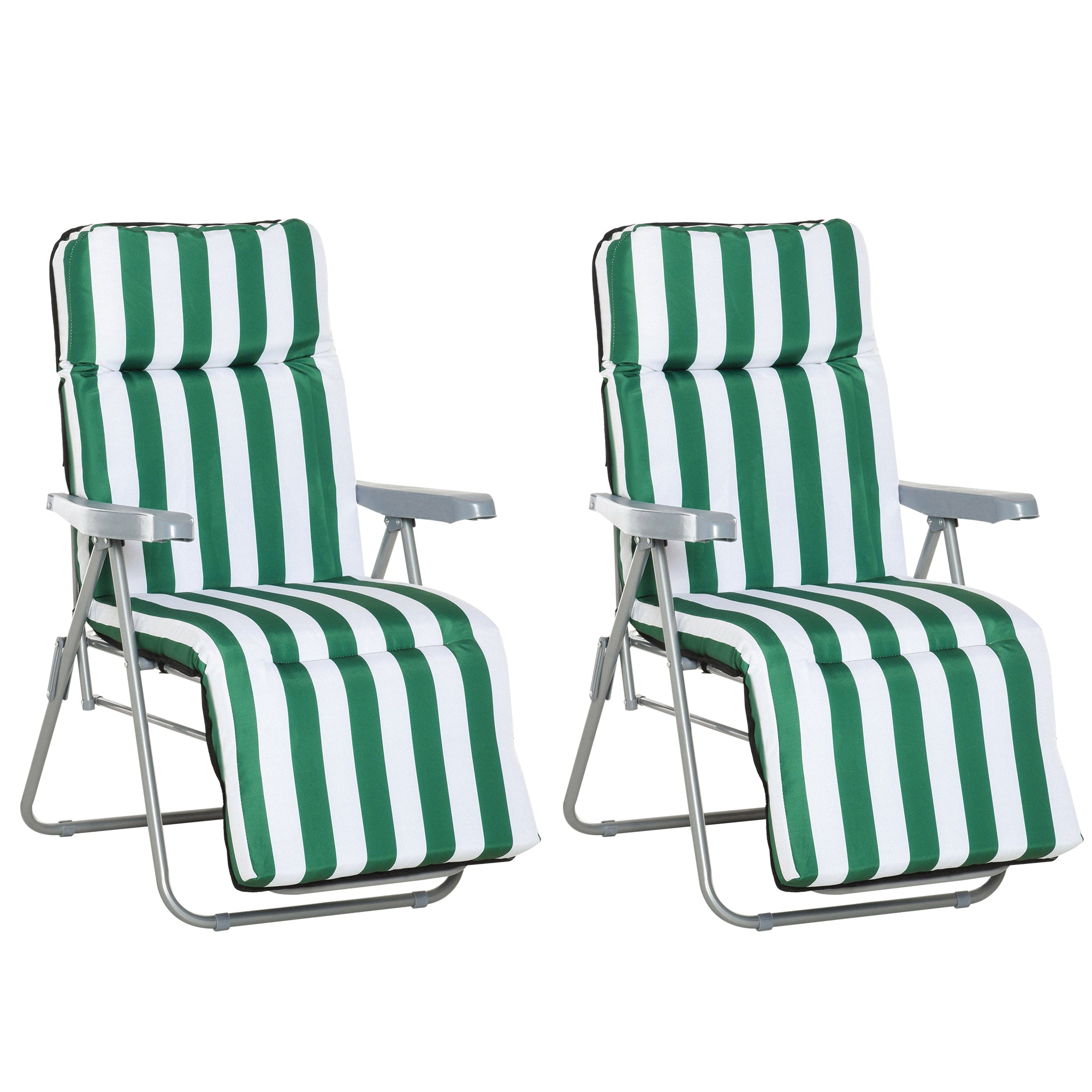 Outsunny 2 Pieces Outdoor Sun Lounger Set with Cushions, Patio Folding 5-Level   Adjustable Backrest Recliner Chairs Set of 2 with High Backrest and Armrests, Green & White 