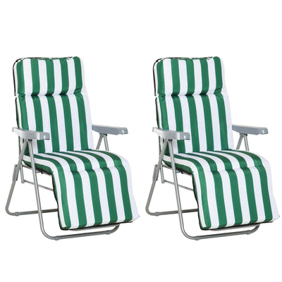Outsunny 2 Pieces Outdoor Sun Lounger Set with Cushions, Patio Folding 5-Level   Adjustable Backrest Recliner Chairs Set of 2 with High Backrest and Armrests, Green & White 