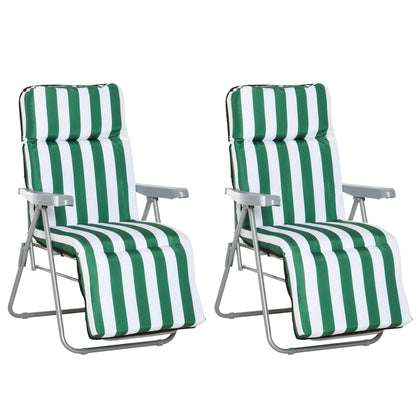 Outsunny 2 Pieces Outdoor Sun Lounger Set with Cushions, Patio Folding 5-Level   Adjustable Backrest Recliner Chairs Set of 2 with High Backrest and Armrests, Green & White 