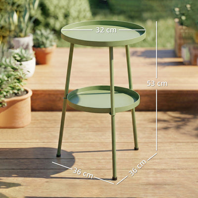 Outsunny Patio Side Table, 2-Tier Round Coffee End Table for Garden Balcony Living Room Bedroom, Light Green 
