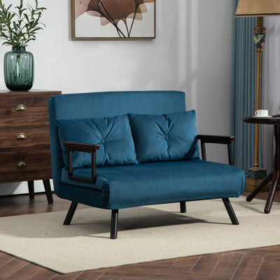 HOMCOM 4-in-1 Velvet-Feel Double Sofa Bed, with Pillows - Blue 