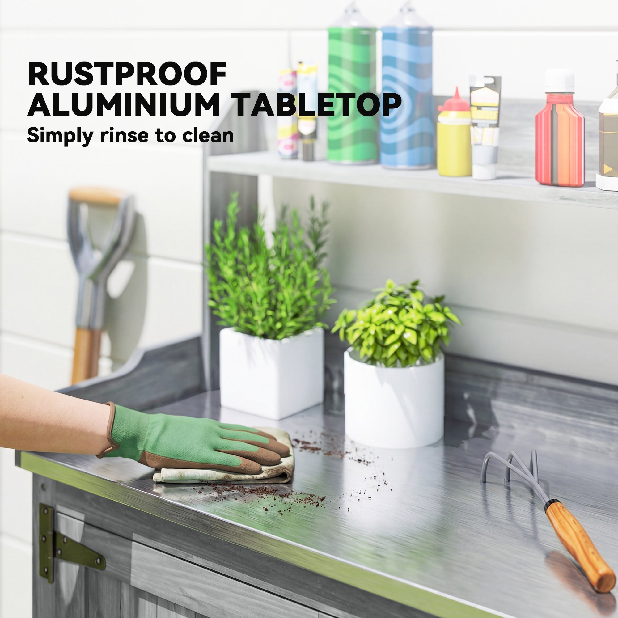 Outsunny Wooden Potting Bench Table with Aluminium Worktop, Outdoor Garden Workbench with Top Shelf and Cabinet Storage 