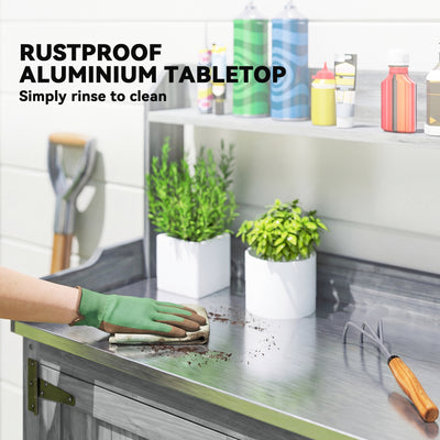 Outsunny Wooden Potting Bench Table with Aluminium Worktop, Outdoor Garden Workbench with Top Shelf and Cabinet Storage 