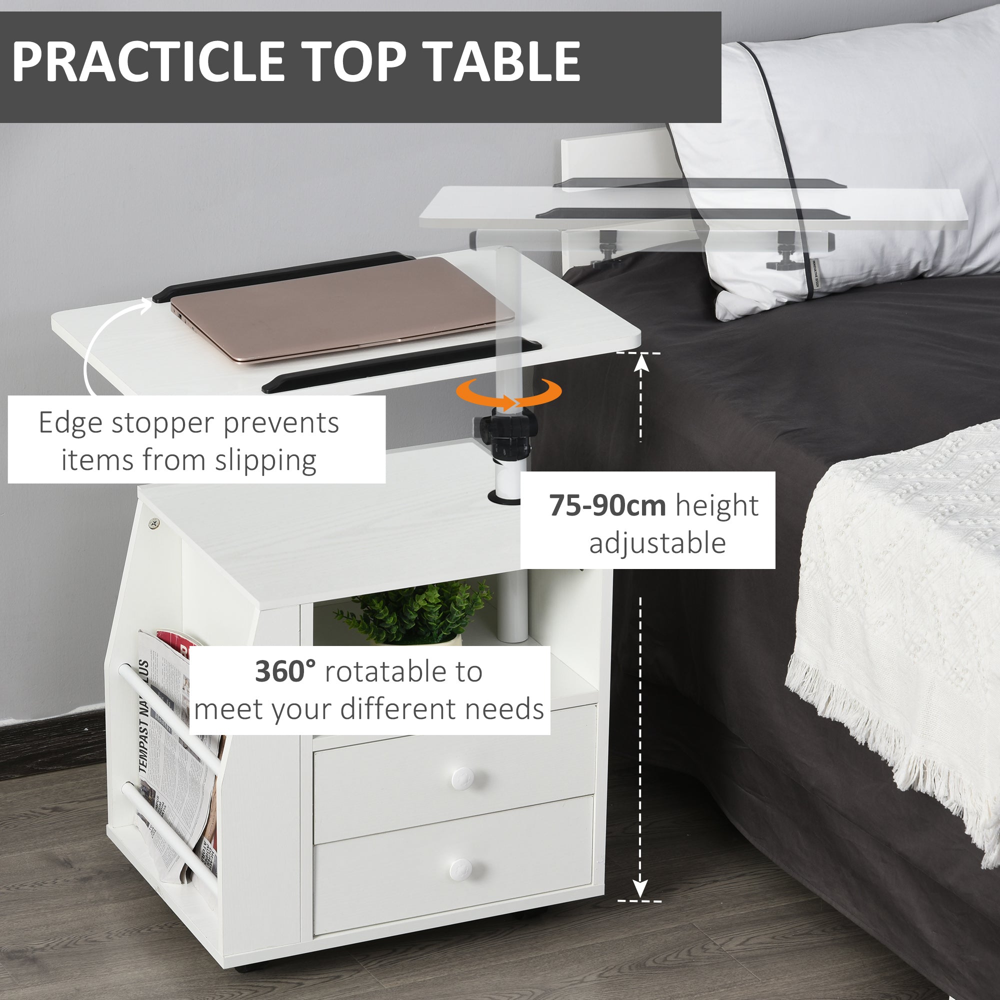 HOMCOM Functional Swivel Bedside Table End Table Side Table for Living Room Nightstand for Bedroom 