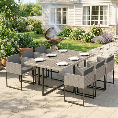 Outsunny 7 Piece Rattan Garden Furniture Set, Garden Dining Set with Wood-Plastic Table and 6 Stackable Chairs, Light Grey 