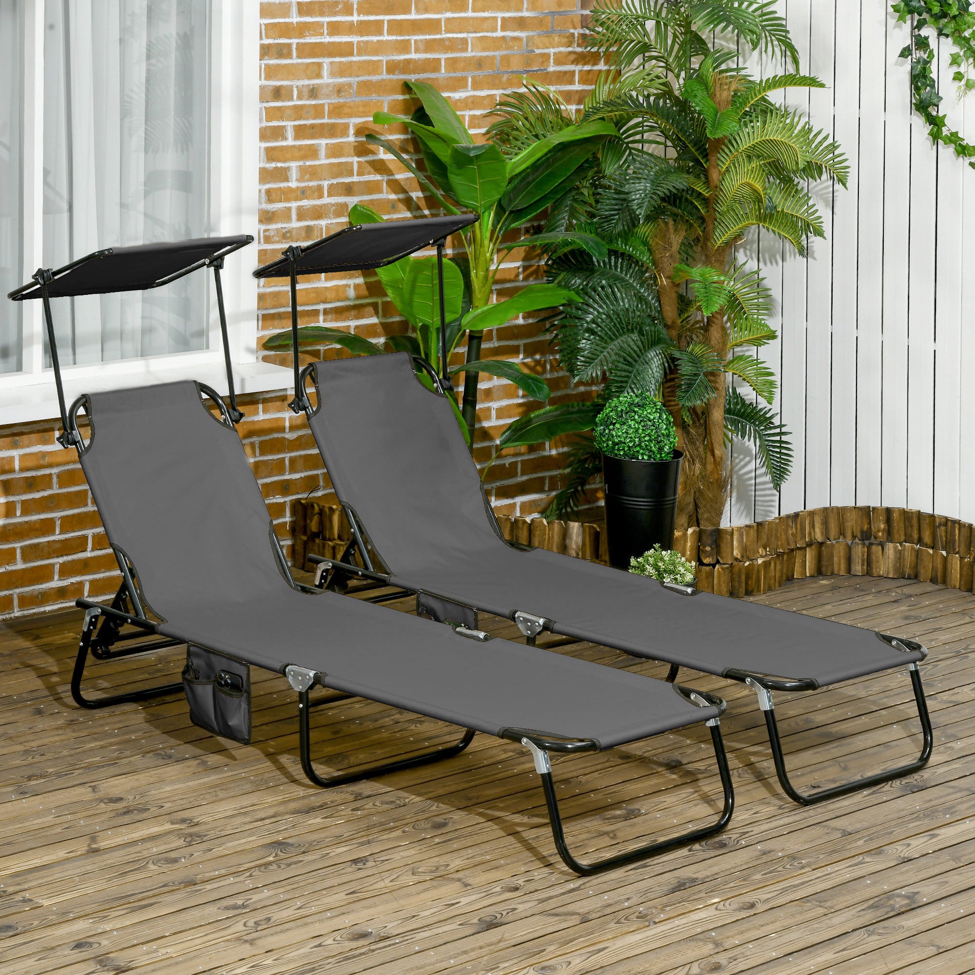 Outsunny 2 Piece Folding Sun Loungers with Canopy, Adjustable Recliner Garden Chairs with Side Pocket, Steel Frame and Breathable Mesh for Outdoor, Pool, Beach, Garden, Dark Grey